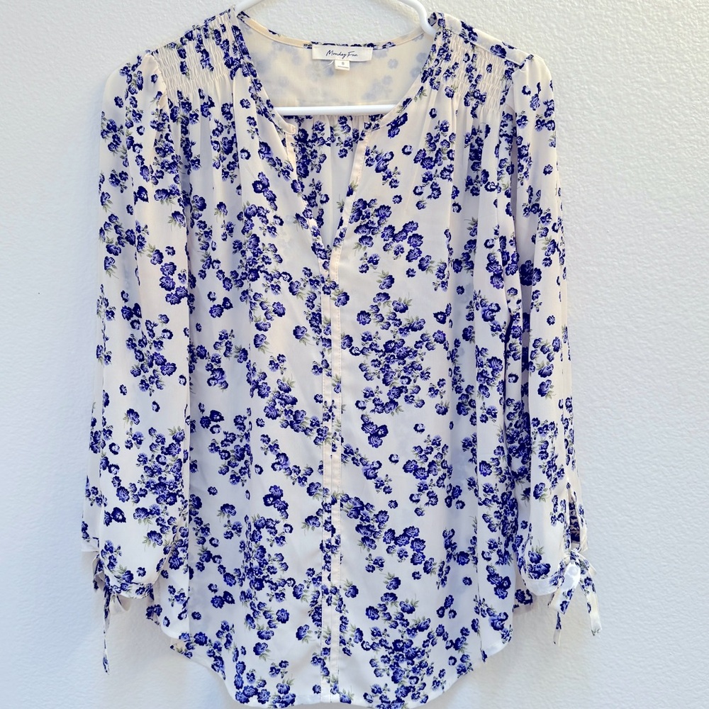 Floral Print Women's Top - Blue and White
